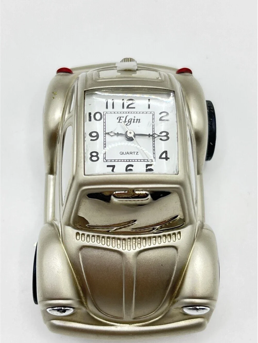 Elgin Clock mini Beetle Volkswagon Quartz Silver Tone working 3105.2